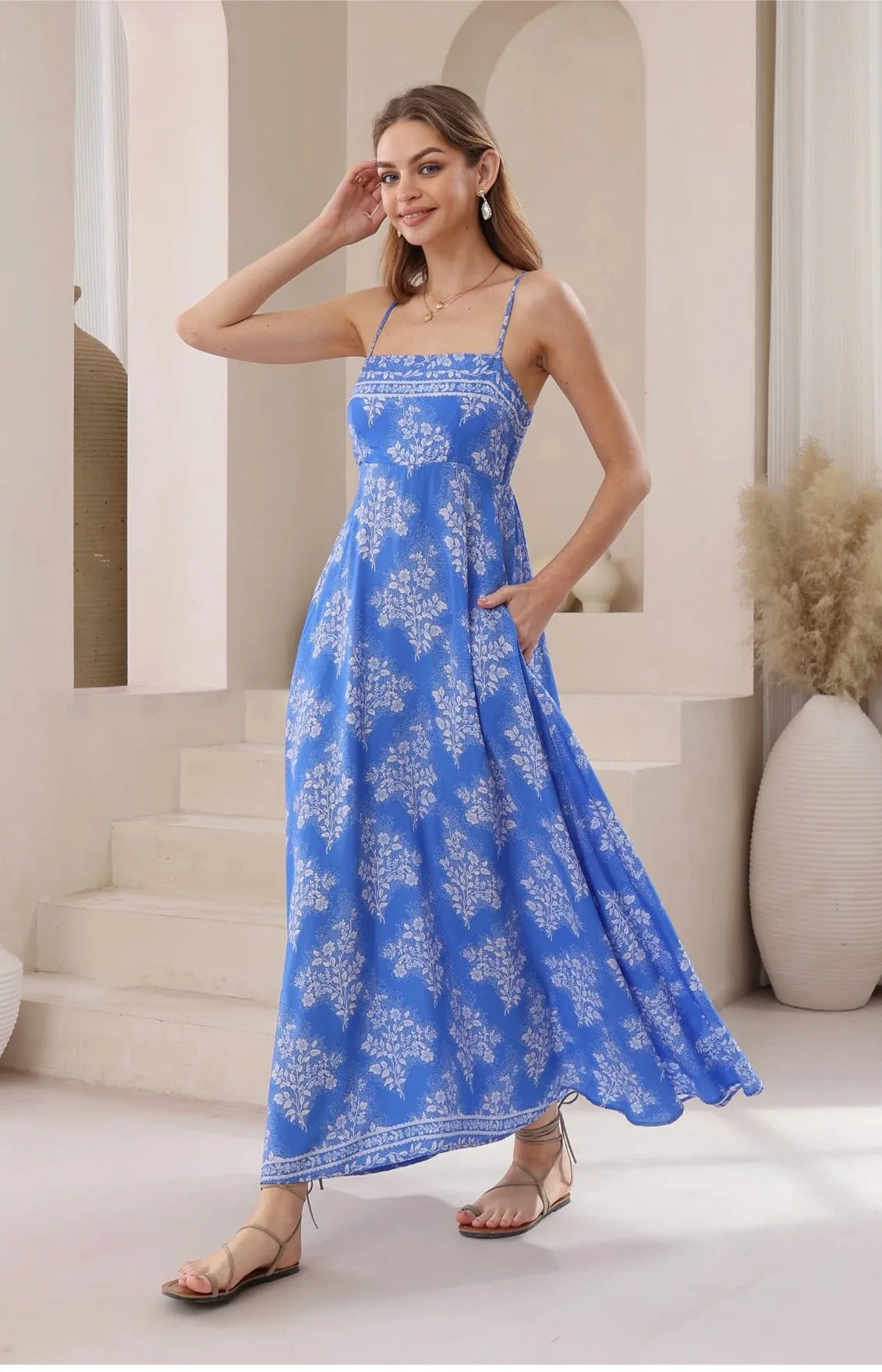 Sienna  Blossom Flowy Maxi Dress-Blue