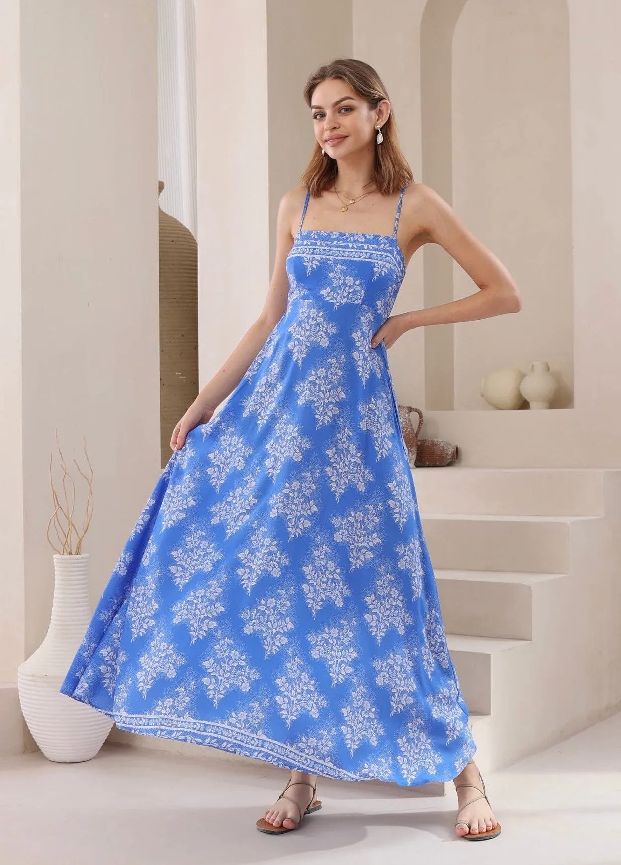 Sienna  Blossom Flowy Maxi Dress-Blue