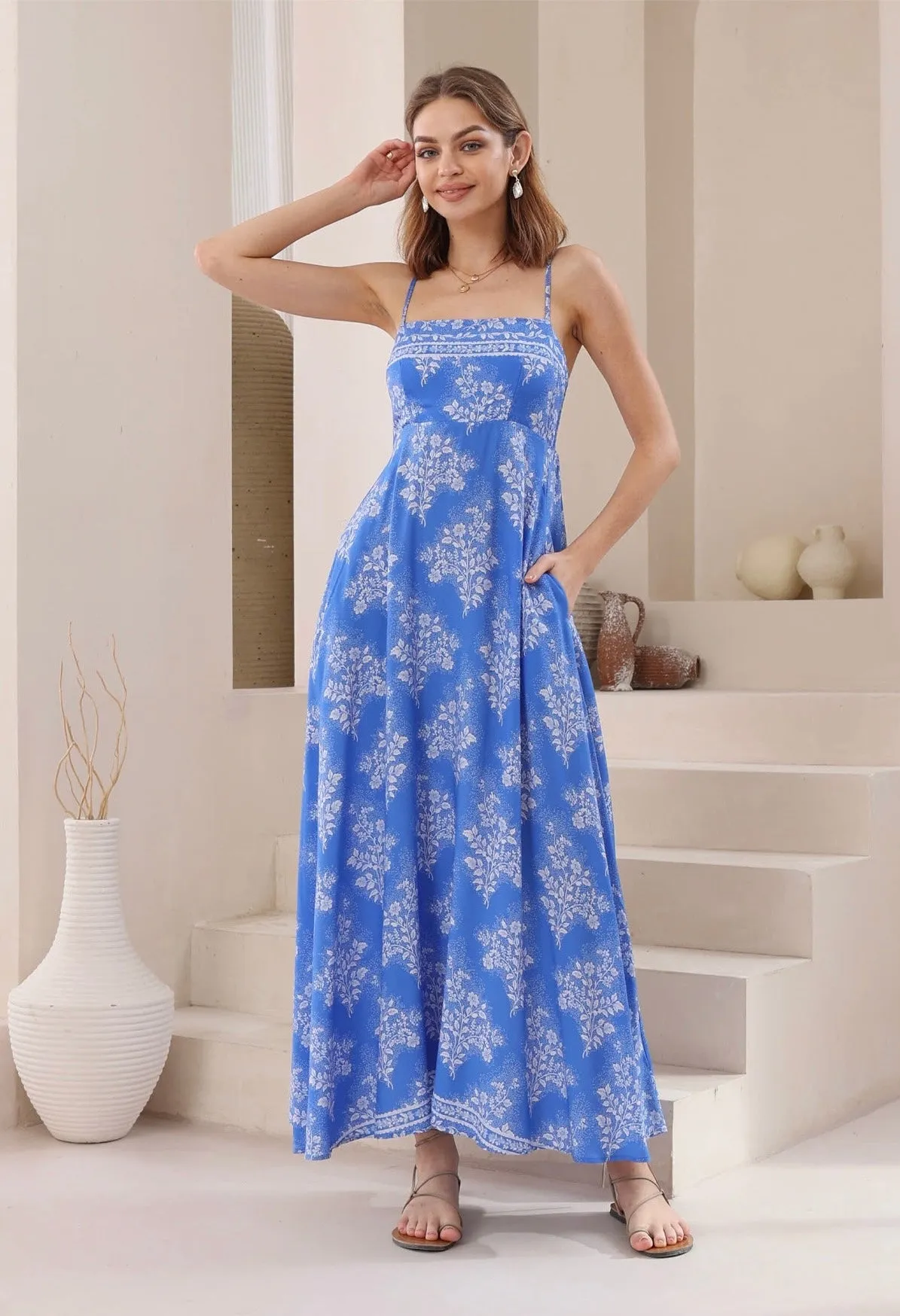 Sienna  Blossom Flowy Maxi Dress-Blue