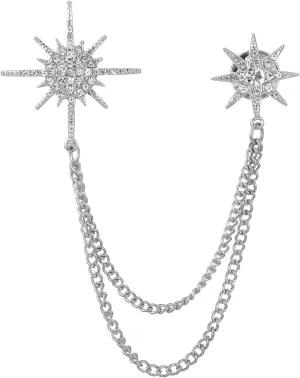 Silver Rhinestone Star Brooch for Women, Crystal Snowflake Brooch Lapel Pins Fashion Broach Pin Dress Suit Accessories with Tassel Chain Clothing Clip Broach for Women Men
