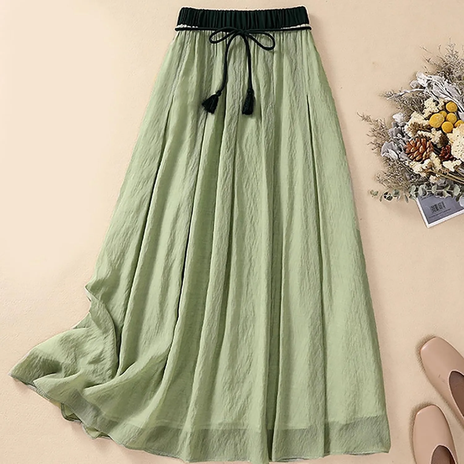 Skirts for Women Fall Spring Elastic Waist Double Layer Skirt Ethic Linen Long Skirts Comfy Loose Fit Midi Skirt