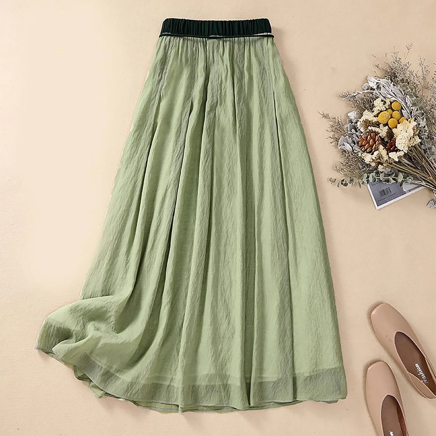 Skirts for Women Fall Spring Elastic Waist Double Layer Skirt Ethic Linen Long Skirts Comfy Loose Fit Midi Skirt