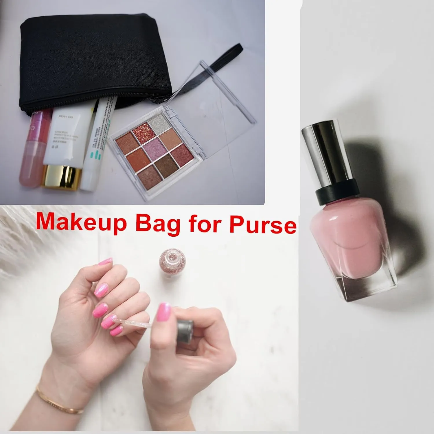 Small Makeup Bag for Purse Mini Cosmetic Pouch Zipper Little Wristlet, Tiny Make Up Organizer Lipstick Feminine Product Car Change Coin Holder for Women, 4.5 x 6.5 Clutch Stadium Approved, 1 Black