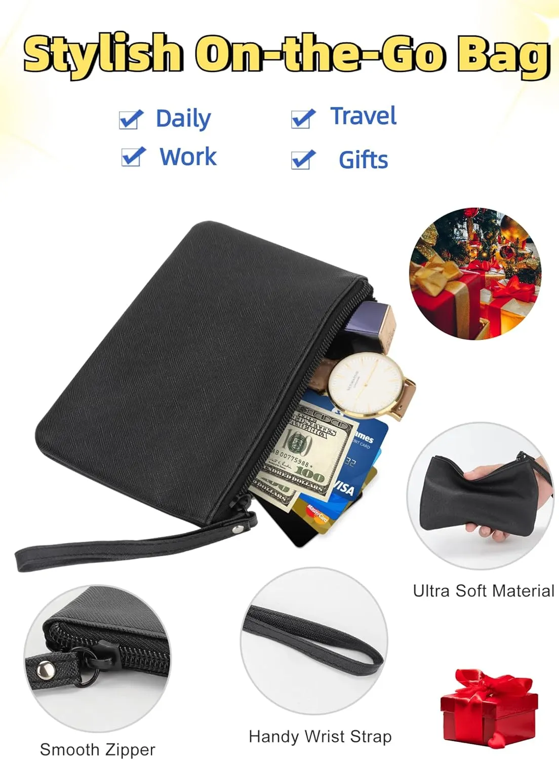 Small Makeup Bag for Purse Mini Cosmetic Pouch Zipper Little Wristlet, Tiny Make Up Organizer Lipstick Feminine Product Car Change Coin Holder for Women, 4.5 x 6.5 Clutch Stadium Approved, 1 Black