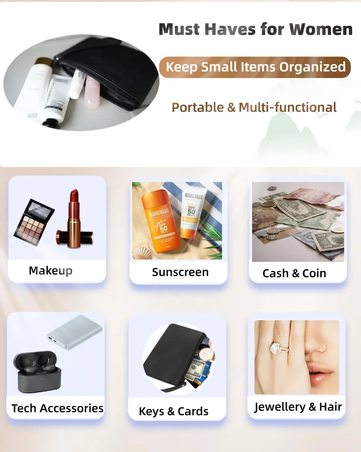 Small Makeup Bag for Purse Mini Cosmetic Pouch Zipper Little Wristlet, Tiny Make Up Organizer Lipstick Feminine Product Car Change Coin Holder for Women, 4.5 x 6.5 Clutch Stadium Approved, 1 Black