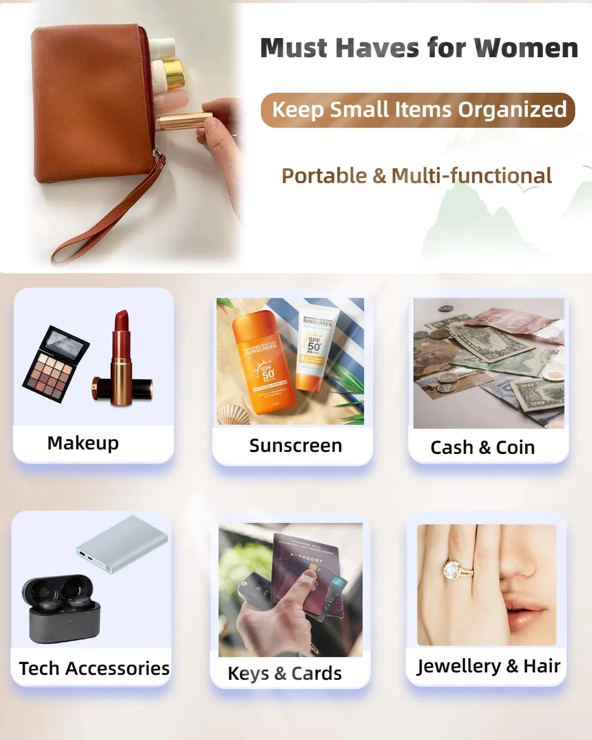 Small Makeup Bag for Purse Mini Cosmetic Pouch Zipper Little Wristlet, Tiny Make Up Organizer Lipstick Feminine Product Car Change Coin Holder for Women, 4.5 x 6.5 Clutch Stadium Approved, 1 Brown