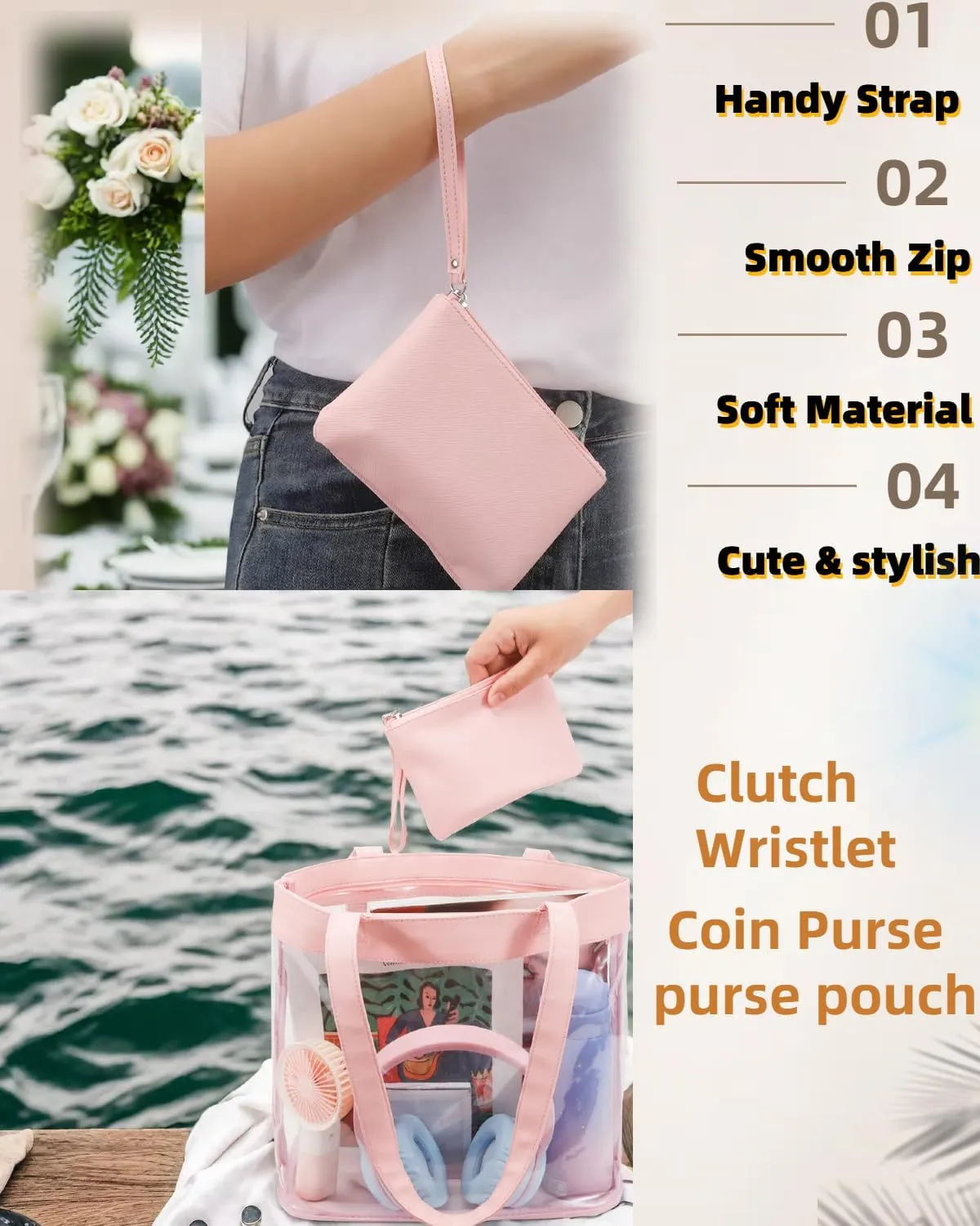 Small Makeup Bag for Purse Mini Cosmetic Pouch Zipper Little Wristlet, Tiny Make Up Organizer Lipstick Feminine Product Car Change Coin Holder for Women, 4.5 x 6.5 Clutch Stadium Approved, 1 Pink