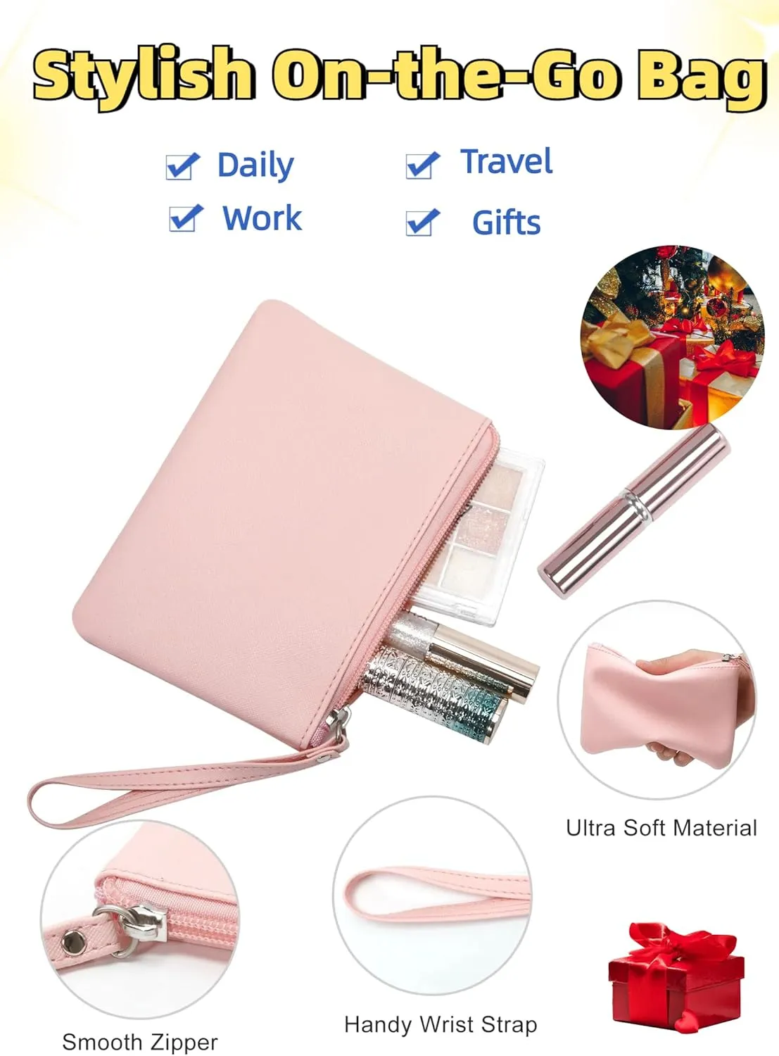 Small Makeup Bag for Purse Mini Cosmetic Pouch Zipper Little Wristlet, Tiny Make Up Organizer Lipstick Feminine Product Car Change Coin Holder for Women, 4.5 x 6.5 Clutch Stadium Approved, 1 Pink