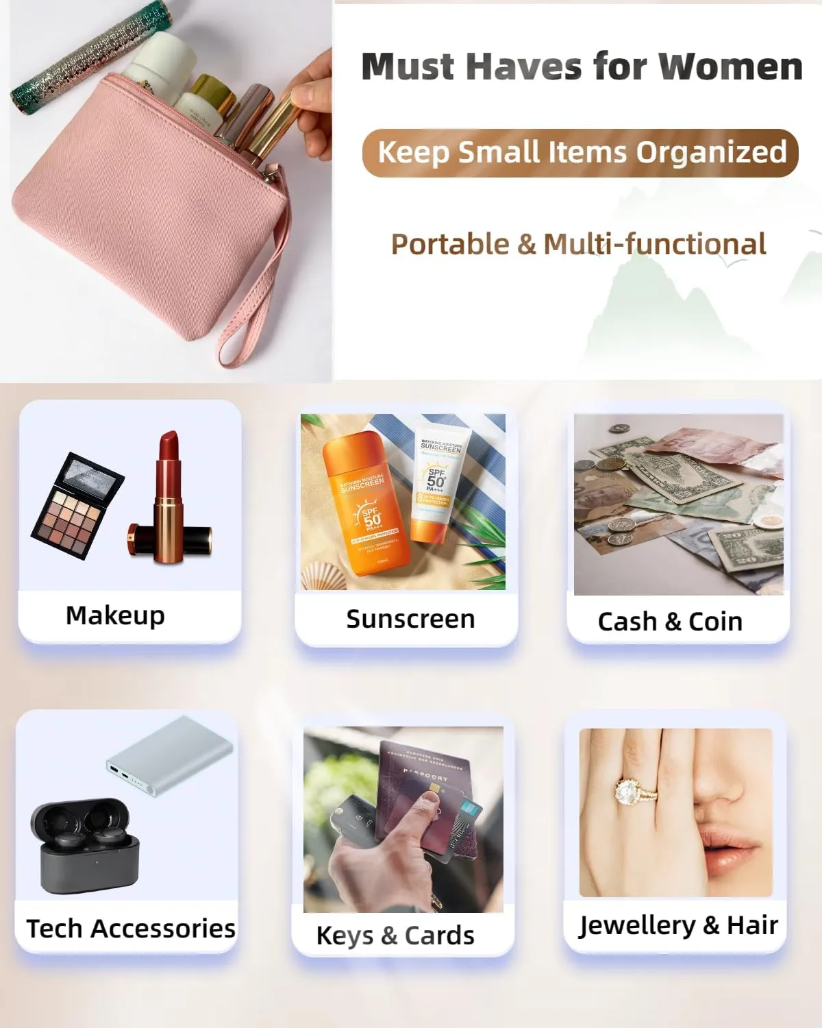 Small Makeup Bag for Purse Mini Cosmetic Pouch Zipper Little Wristlet, Tiny Make Up Organizer Lipstick Feminine Product Car Change Coin Holder for Women, 4.5 x 6.5 Clutch Stadium Approved, 1 Pink