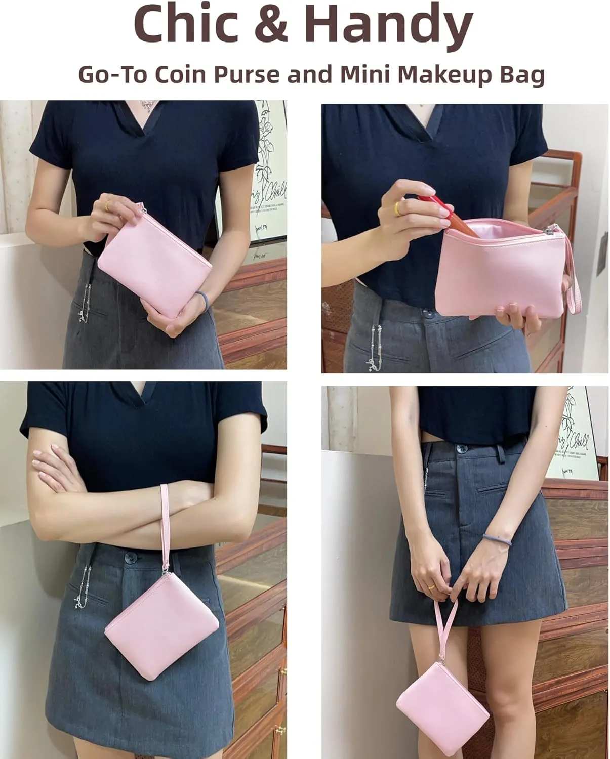 Small Makeup Bag for Purse Mini Cosmetic Pouch Zipper Little Wristlet, Tiny Make Up Organizer Lipstick Feminine Product Car Change Coin Holder for Women, 4.5 x 6.5 Clutch Stadium Approved, 1 Pink