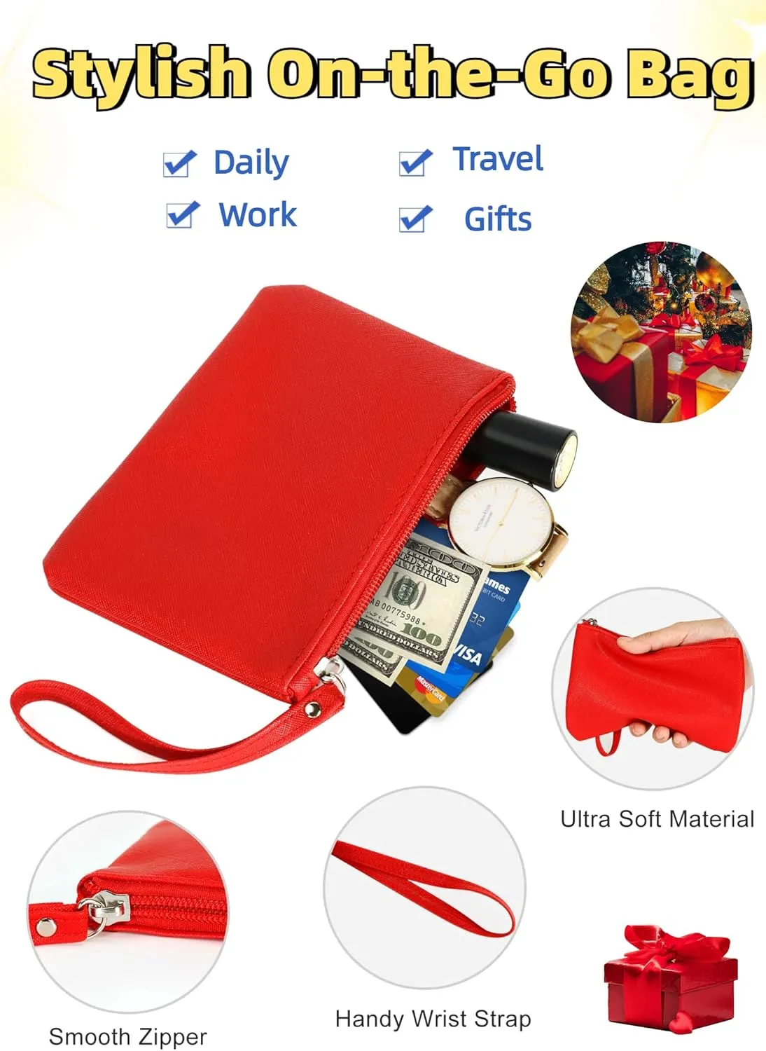 Small Makeup Bag for Purse Mini Cosmetic Pouch Zipper Little Wristlet, Tiny Make Up Organizer Lipstick Feminine Product Car Change Coin Holder for Women, 4.5 x 6.5 Clutch Stadium Approved, 1 Red