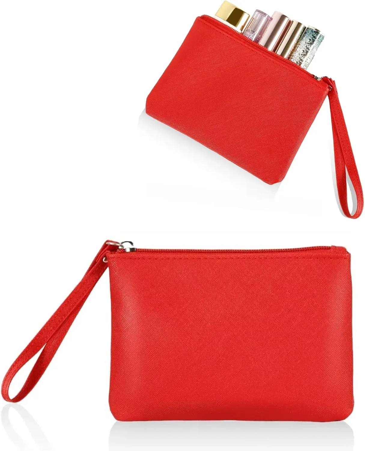 Small Makeup Bag for Purse Mini Cosmetic Pouch Zipper Little Wristlet, Tiny Make Up Organizer Lipstick Feminine Product Car Change Coin Holder for Women, 4.5 x 6.5 Clutch Stadium Approved, 1 Red