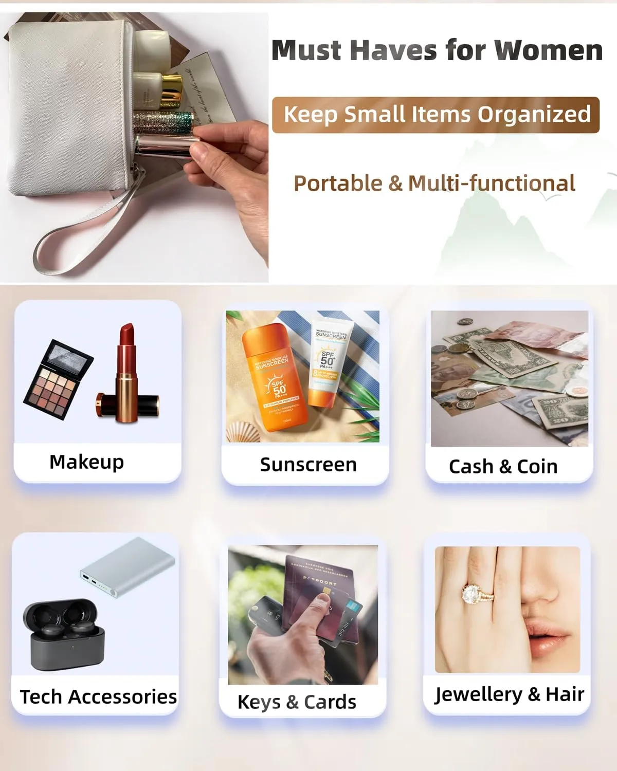 Small Makeup Bag for Purse Mini Cosmetic Pouch Zipper Little Wristlet, Tiny Make Up Organizer Lipstick Feminine Product Car Change Coin Holder for Women, 4.5 x 6.5 Clutch Stadium Approved, 1 White