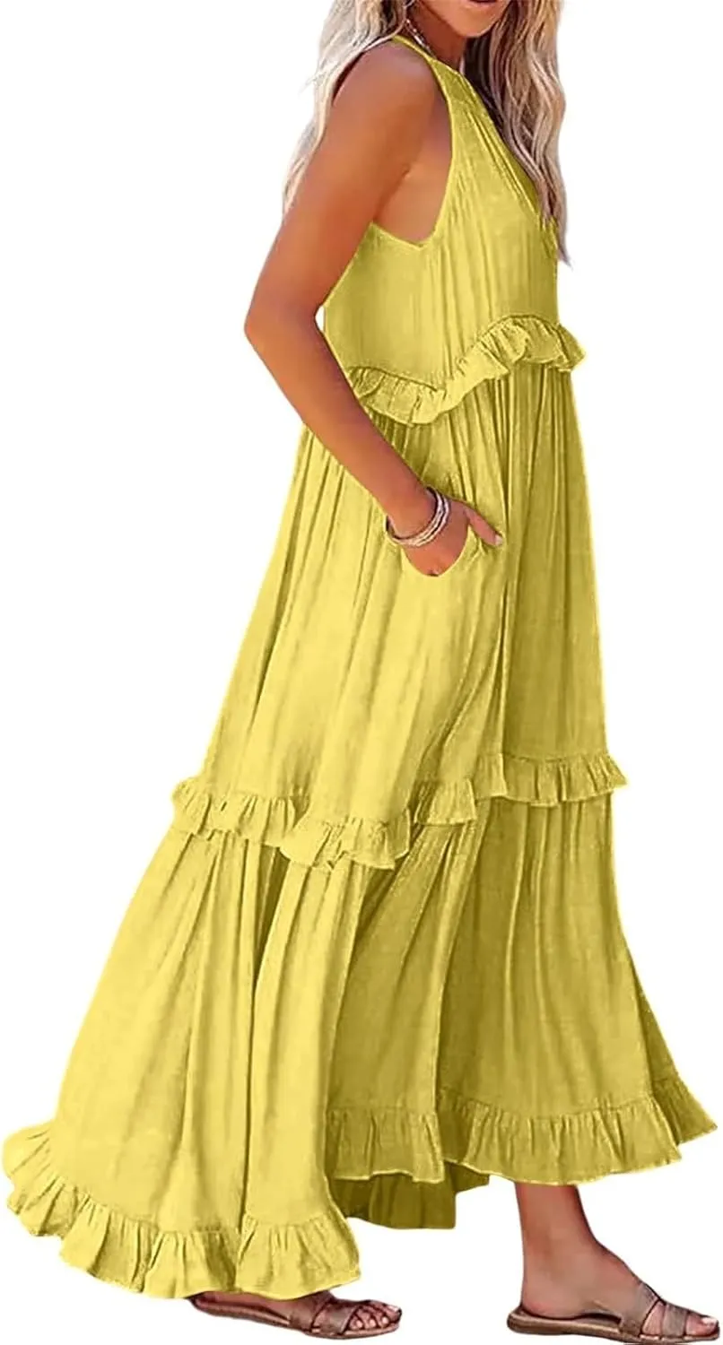 Smocked Halter Maxi Dress for Women Elegant Loose Flowy Tiered Ruffle Dress Summer Swing Tie Back Beach Dresses