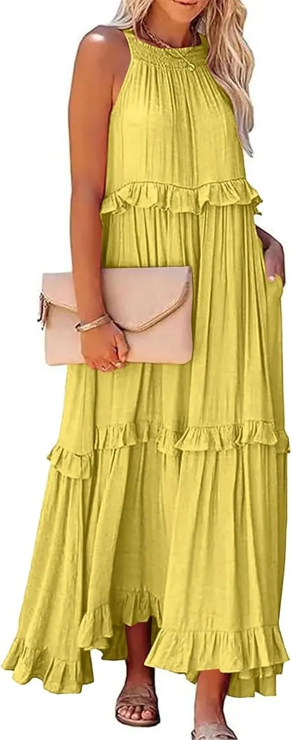 Smocked Halter Maxi Dress for Women Elegant Loose Flowy Tiered Ruffle Dress Summer Swing Tie Back Beach Dresses