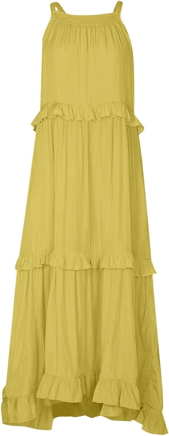 Smocked Halter Maxi Dress for Women Elegant Loose Flowy Tiered Ruffle Dress Summer Swing Tie Back Beach Dresses