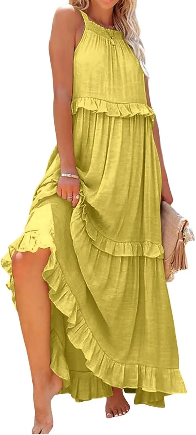 Smocked Halter Maxi Dress for Women Elegant Loose Flowy Tiered Ruffle Dress Summer Swing Tie Back Beach Dresses