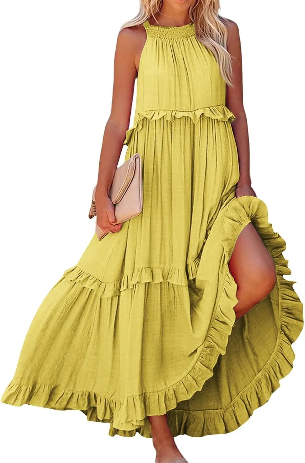 Smocked Halter Maxi Dress for Women Elegant Loose Flowy Tiered Ruffle Dress Summer Swing Tie Back Beach Dresses