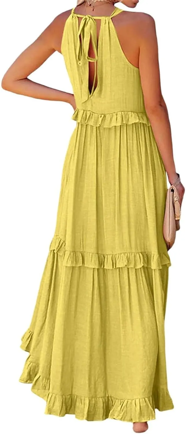Smocked Halter Maxi Dress for Women Elegant Loose Flowy Tiered Ruffle Dress Summer Swing Tie Back Beach Dresses