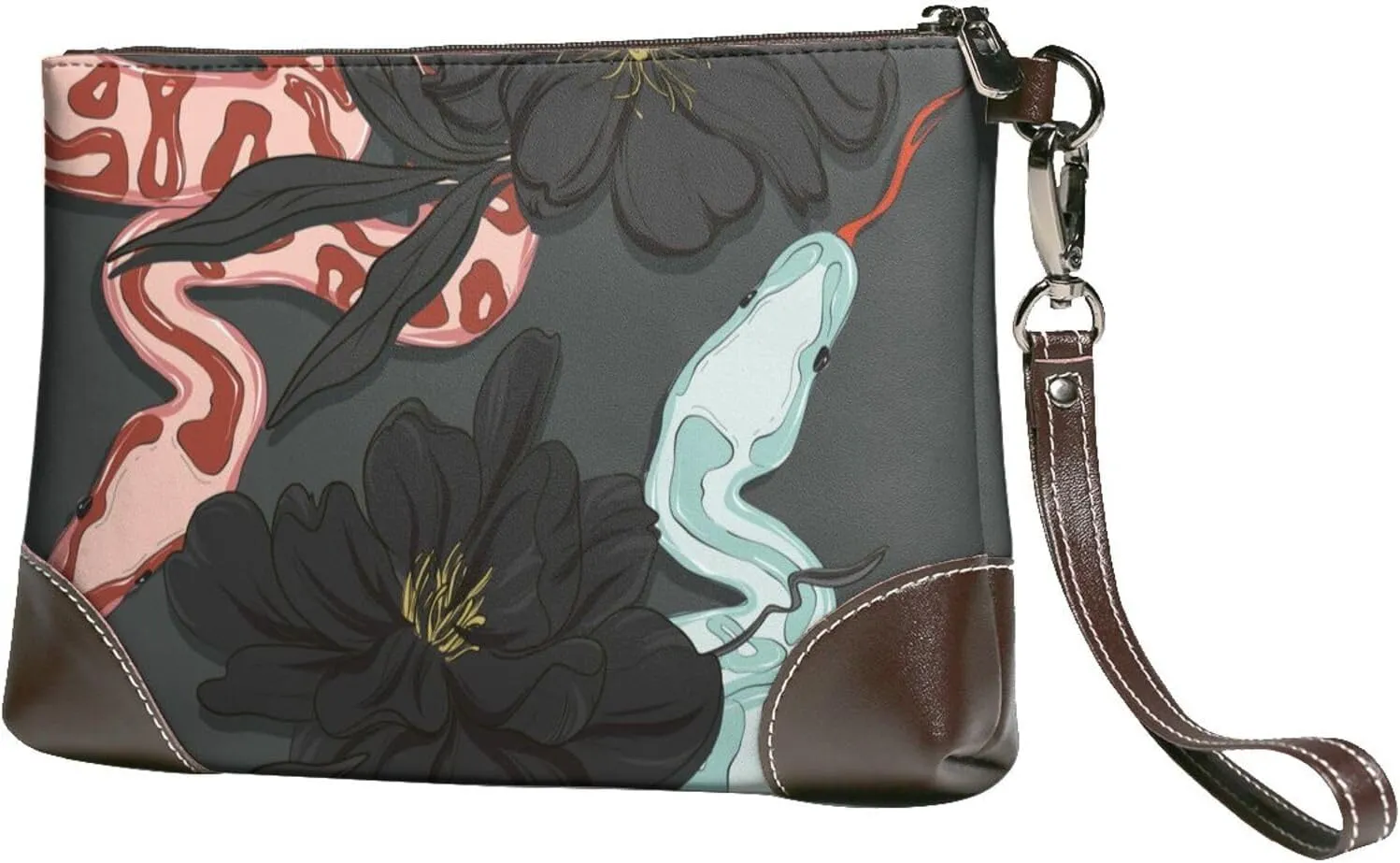 Snake In Flowers Floral Women Leather Clutch Purse Evening Bag Small Wristlet Wallet Cell Phone Bag