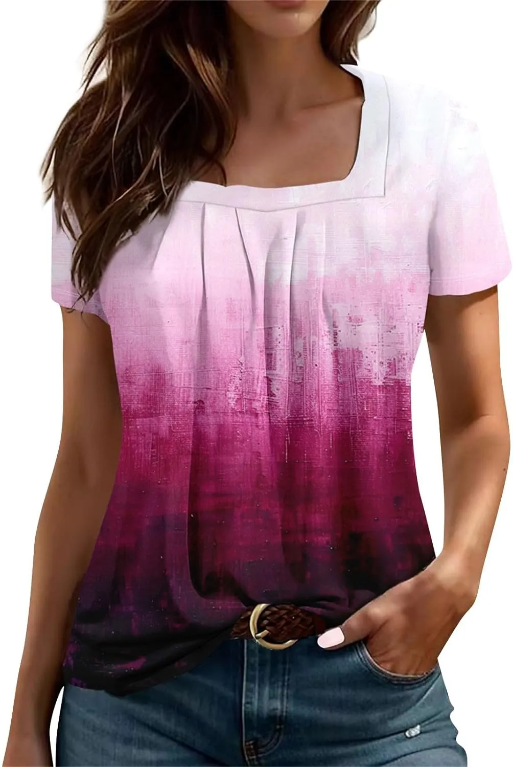 Square Neck Tops for Women Soft Cotton Short Sleeve Shirt Loose Fit Front Pleated Tops 2024 Trendy Summer Graphic Tee
