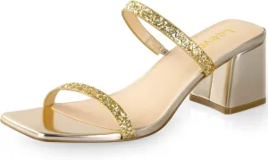 Square Toe Heeled Sandals for Women - Women's Low Block Heels Sandals - 2.25IN Open Toe Ankle Strap Chunky Heels - Slip on Heeled Sandal Mule- Nude Black Strappy Heels for Party Wedding Dress Shoes