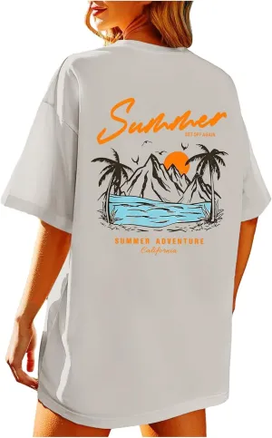 Summer Beach Shirts for Women Hawaiian Print Oversized Coconut Tree Graphic Tee Vacation Vintage Short Sleeve Top