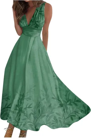 Summer Dresses for Women 2024 Deep V Neck Casual Cute Long Dress Elegant Floral Maxi Dresses Sexy Sleeveless Swing Dress