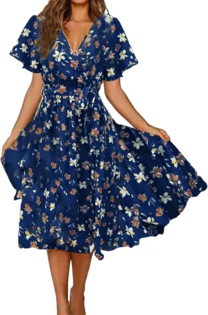 Summer Dresses for Women 2024 Floral Boho Dress Beach Casual Mid Length Dress Short Sleeve Flowy Elegant Midi Dress