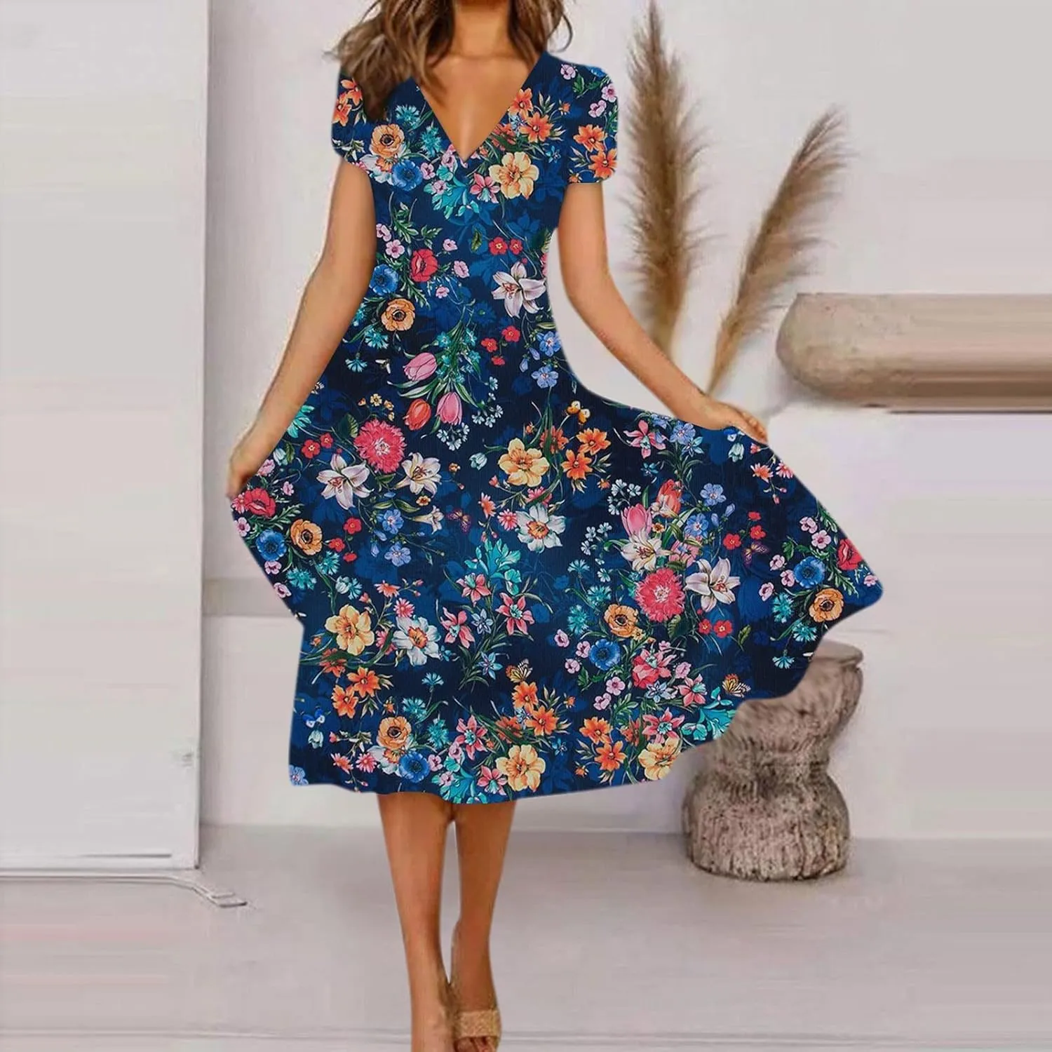 Summer Dresses for Women 2024 Floral Boho Dress Beach Casual Mid Length Dress Short Sleeve Flowy Elegant Midi Dress