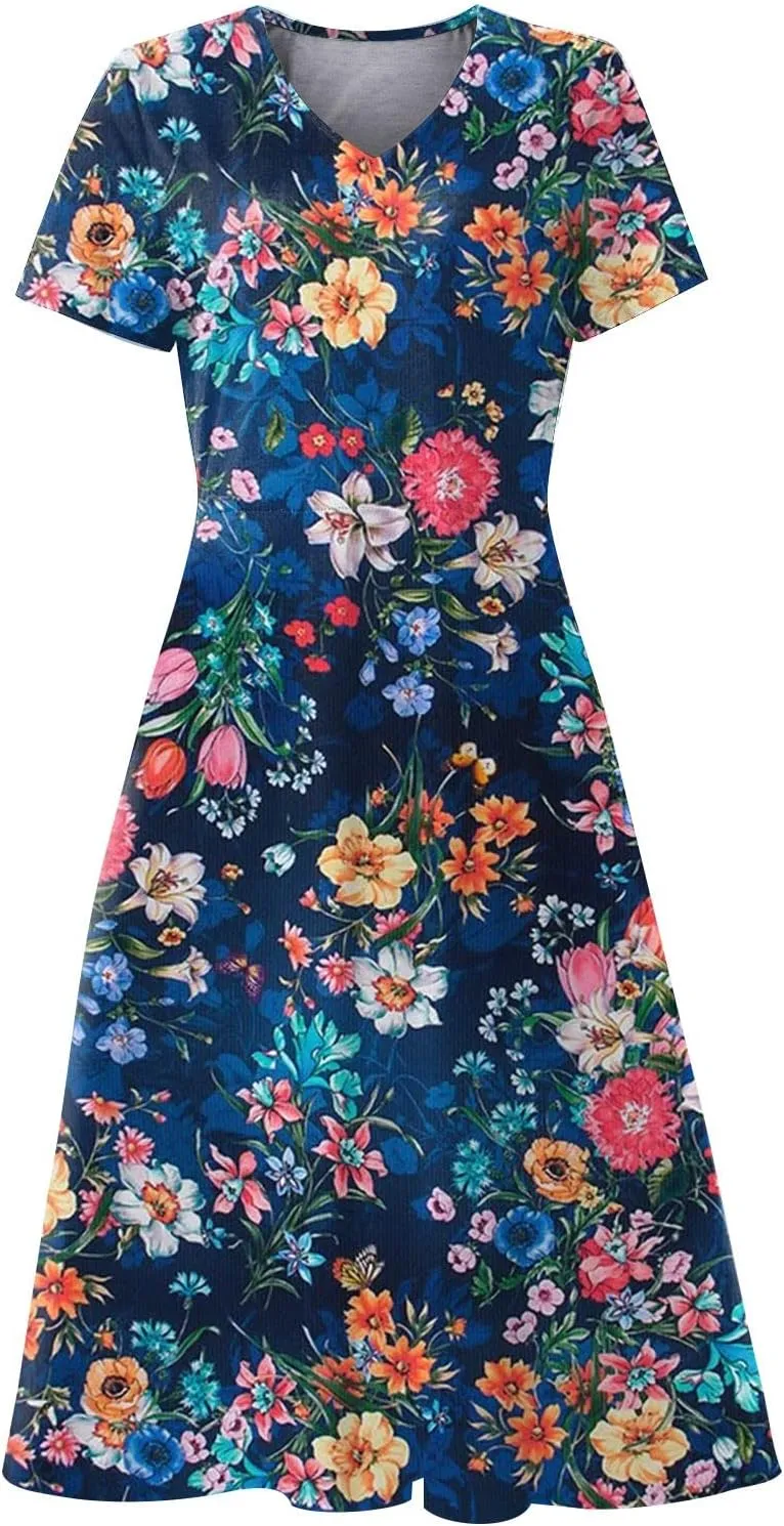 Summer Dresses for Women 2024 Floral Boho Dress Beach Casual Mid Length Dress Short Sleeve Flowy Elegant Midi Dress