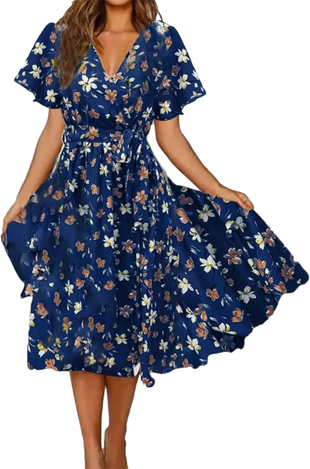 Summer Dresses for Women 2024 Floral Boho Dress Beach Casual Mid Length Dress Short Sleeve Flowy Elegant Midi Dress