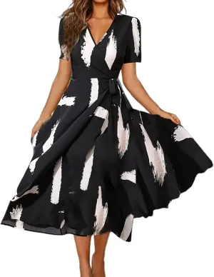 Summer Dresses for Women 2024 Floral Boho Dress Beach Casual Mid Length Dress Short Sleeve Flowy Elegant Midi Dress