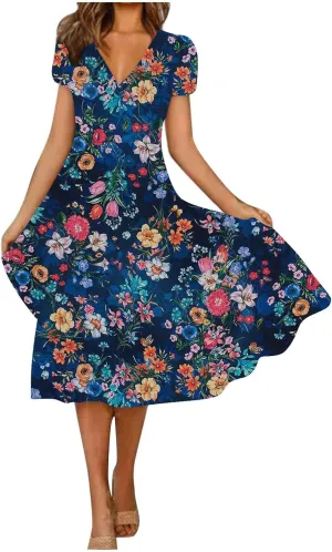 Summer Dresses for Women 2024 Floral Boho Dress Beach Casual Mid Length Dress Short Sleeve Flowy Elegant Midi Dress