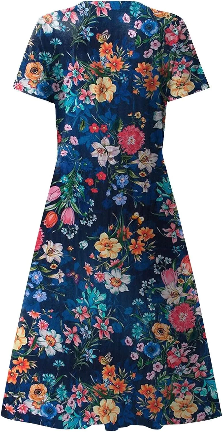 Summer Dresses for Women 2024 Floral Boho Dress Beach Casual Mid Length Dress Short Sleeve Flowy Elegant Midi Dress