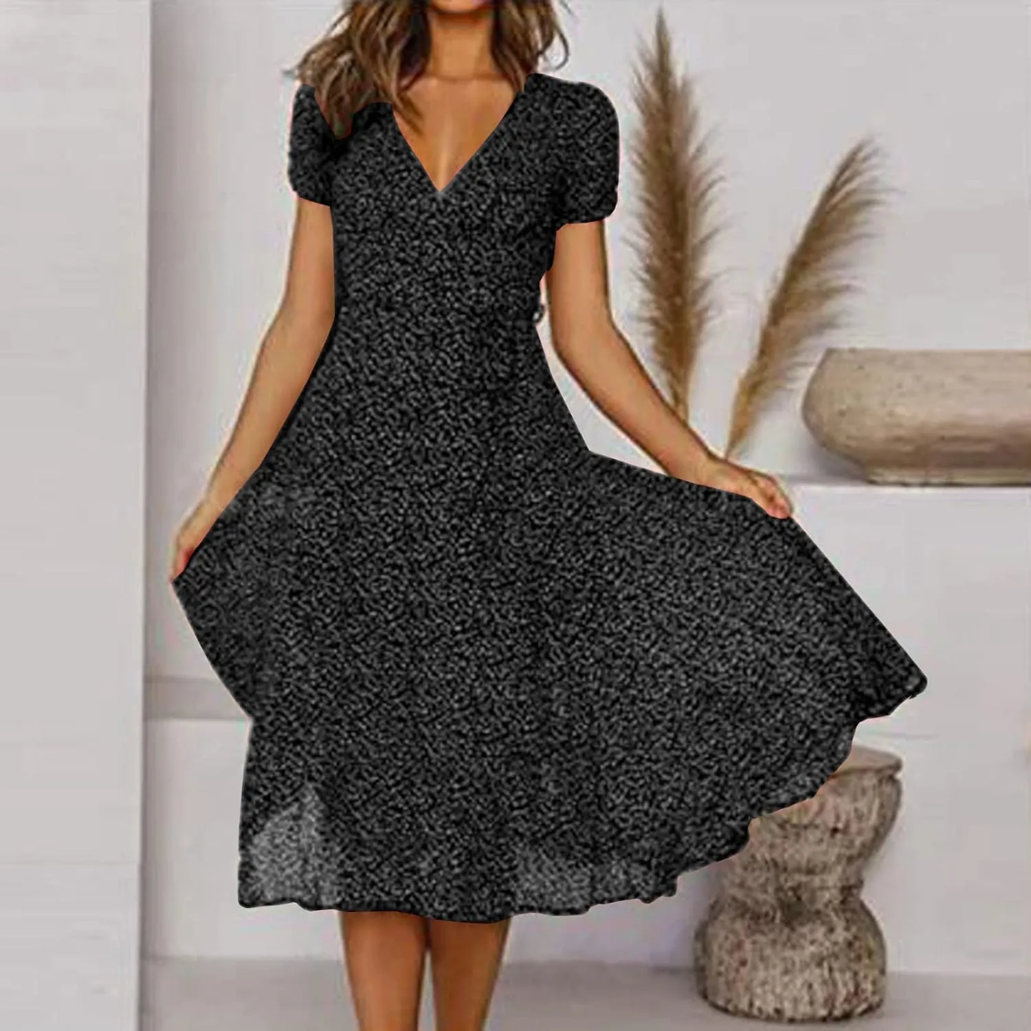 Summer Dresses for Women 2024 Floral Boho Dress Beach Casual Mid Length Dress Short Sleeve Flowy Elegant Midi Dress