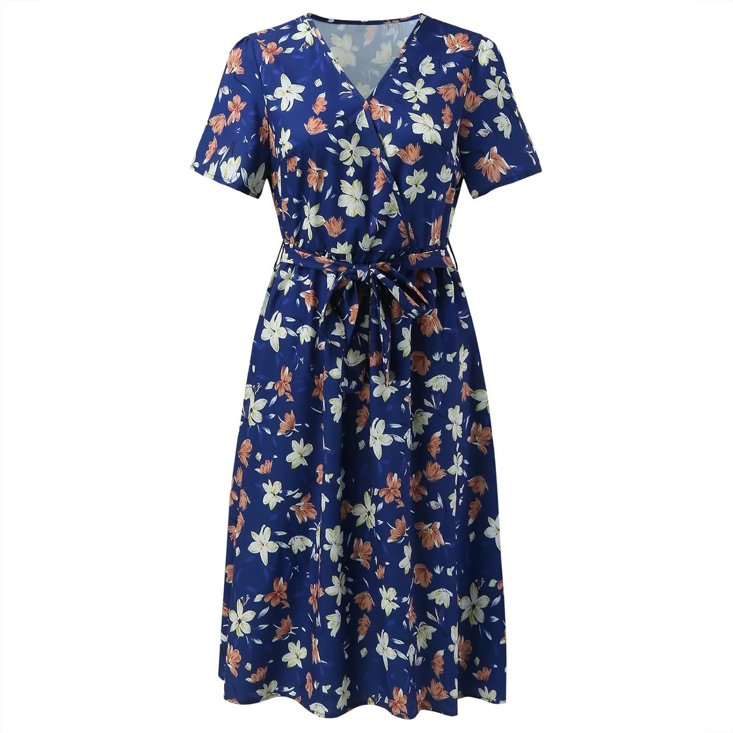 Summer Dresses for Women 2024 Floral Boho Dress Beach Casual Mid Length Dress Short Sleeve Flowy Elegant Midi Dress