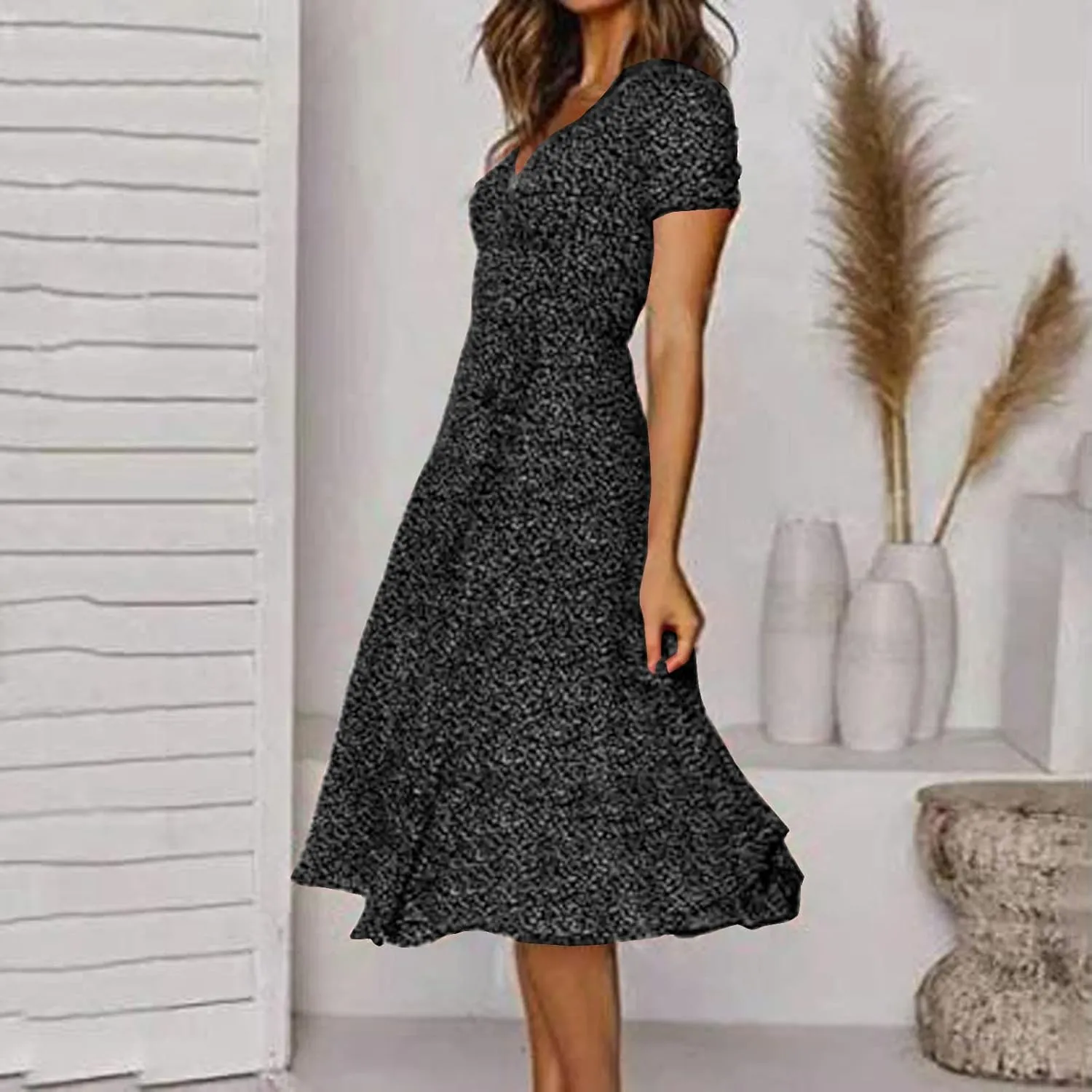 Summer Dresses for Women 2024 Floral Boho Dress Beach Casual Mid Length Dress Short Sleeve Flowy Elegant Midi Dress