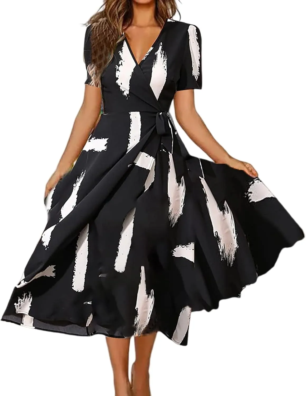 Summer Dresses for Women 2024 Floral Boho Dress Beach Casual Mid Length Dress Short Sleeve Flowy Elegant Midi Dress