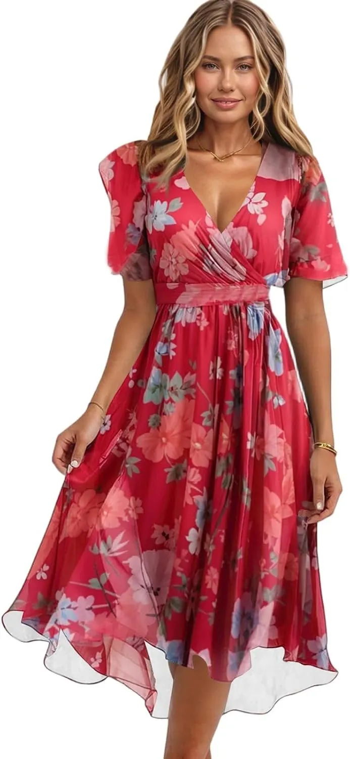 Summer Dresses for Women Boho Floral Printed Chiffon Dresses Elegant V Neck Wedding Prom Cocktail Midi Dress
