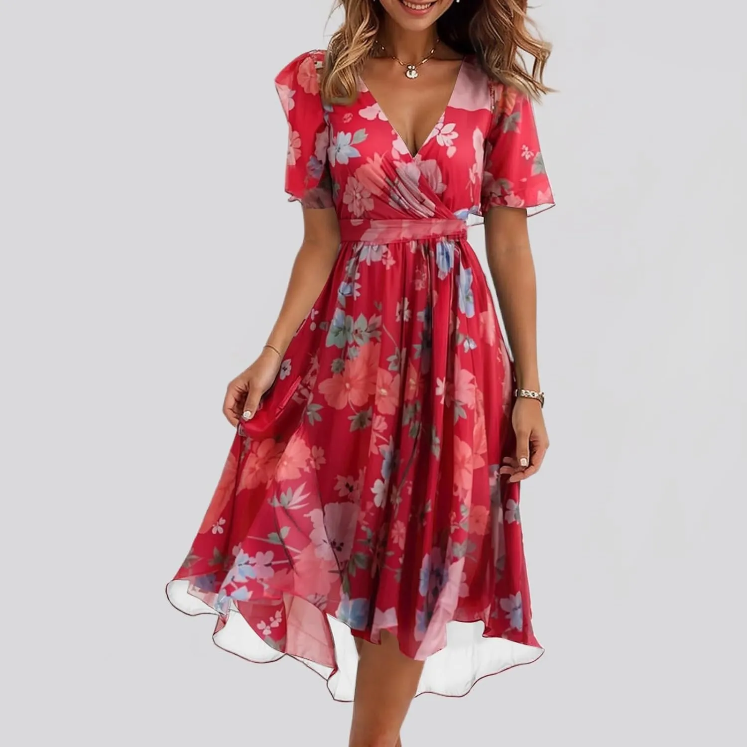 Summer Dresses for Women Boho Floral Printed Chiffon Dresses Elegant V Neck Wedding Prom Cocktail Midi Dress
