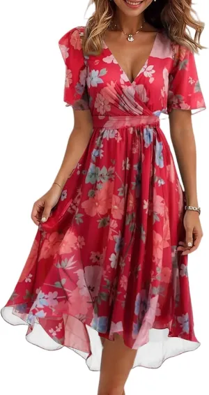 Summer Dresses for Women Boho Floral Printed Chiffon Dresses Elegant V Neck Wedding Prom Cocktail Midi Dress