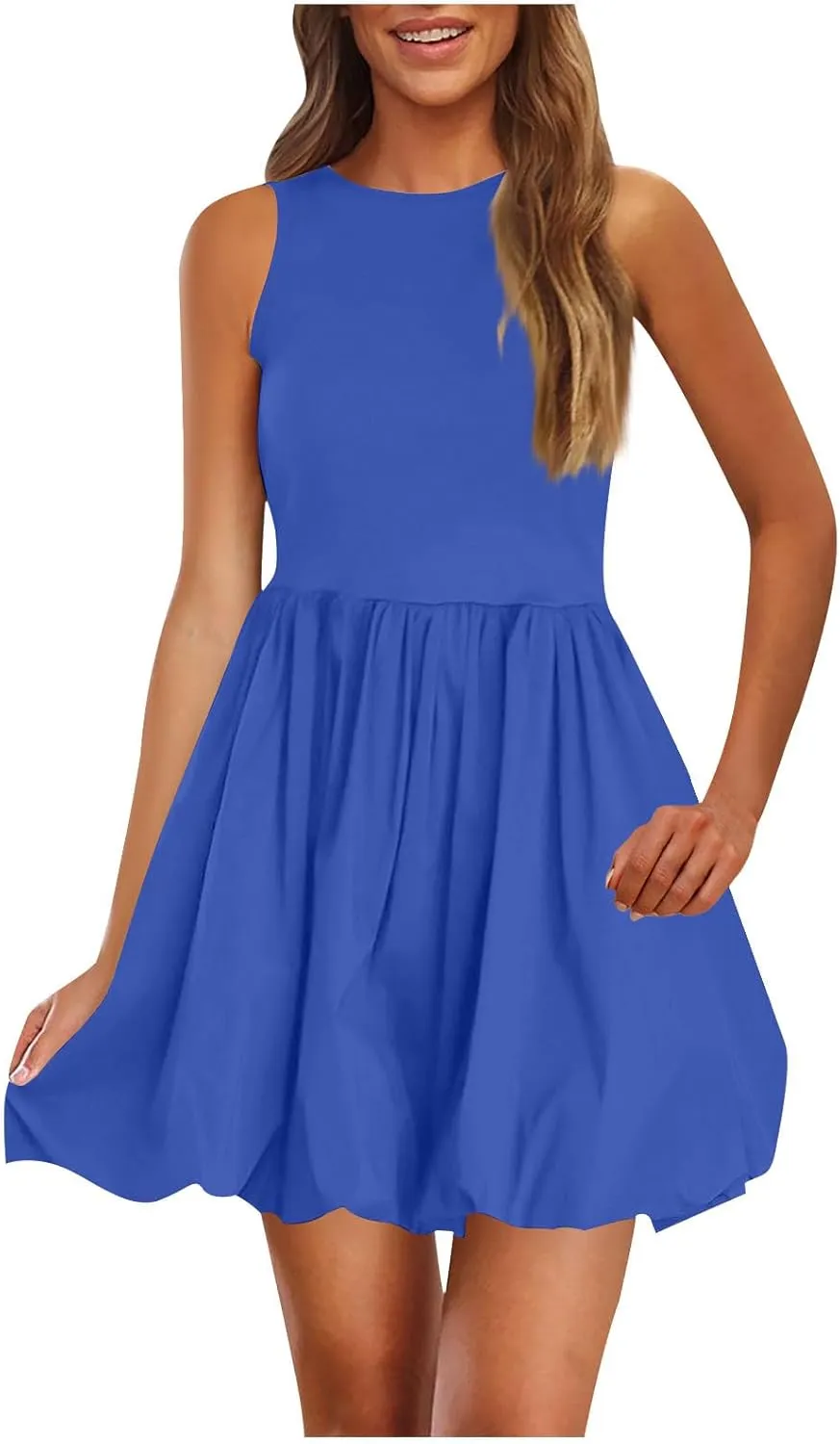 Summer Dresses for Women Casual Sleeveless Mini Bubble Short Tank Dress Cute Drop Waist Cocktail Sundress with Pockets