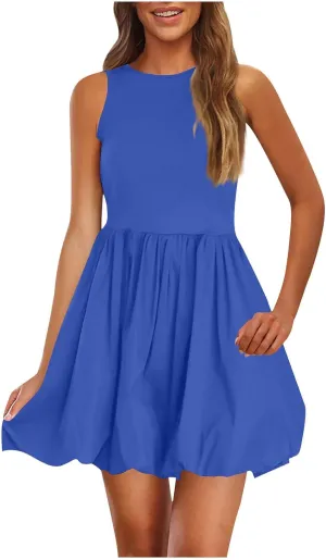 Summer Dresses for Women Casual Sleeveless Mini Bubble Short Tank Dress Cute Drop Waist Cocktail Sundress with Pockets