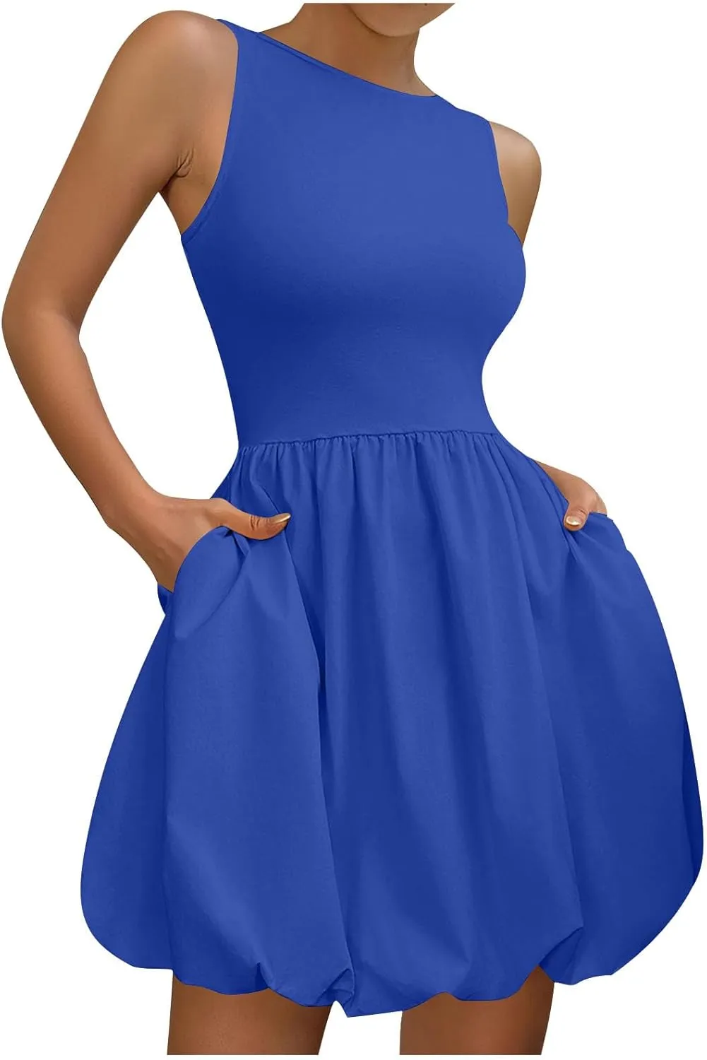 Summer Dresses for Women Casual Sleeveless Mini Bubble Short Tank Dress Cute Drop Waist Cocktail Sundress with Pockets