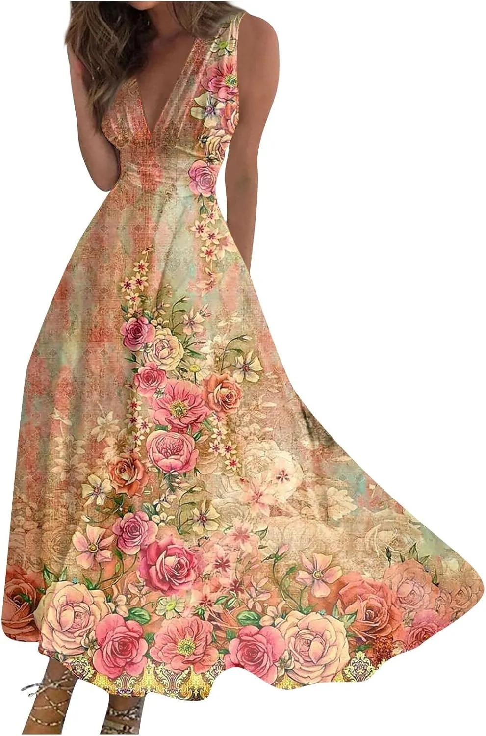 Summer Dresses for Women,Womens Elegant Wrap Deep V Neck Sleeveless Maxi Dress Flowy Beach Vacation Boho Sundresses
