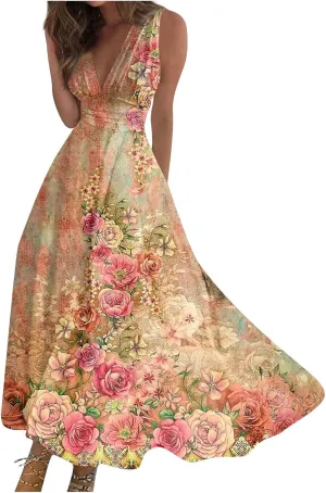 Summer Dresses for Women,Womens Elegant Wrap Deep V Neck Sleeveless Maxi Dress Flowy Beach Vacation Boho Sundresses