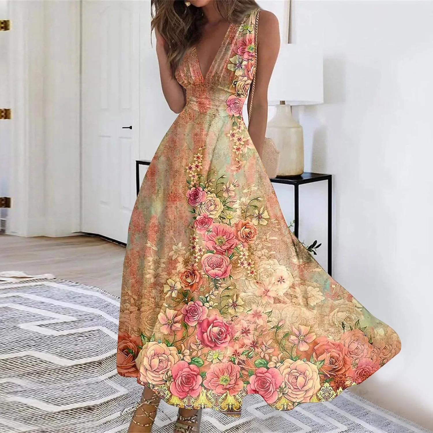 Summer Dresses for Women,Womens Elegant Wrap Deep V Neck Sleeveless Maxi Dress Flowy Beach Vacation Boho Sundresses