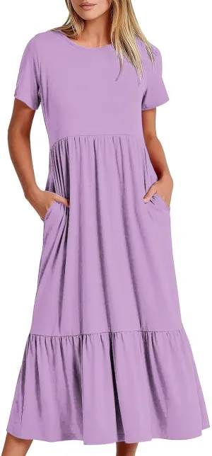 Summer Maxi Dresses for Women 2025 Crew Neck Short Sleeve Dress Casual Sun Dress Summer Beach Vacation Sundress