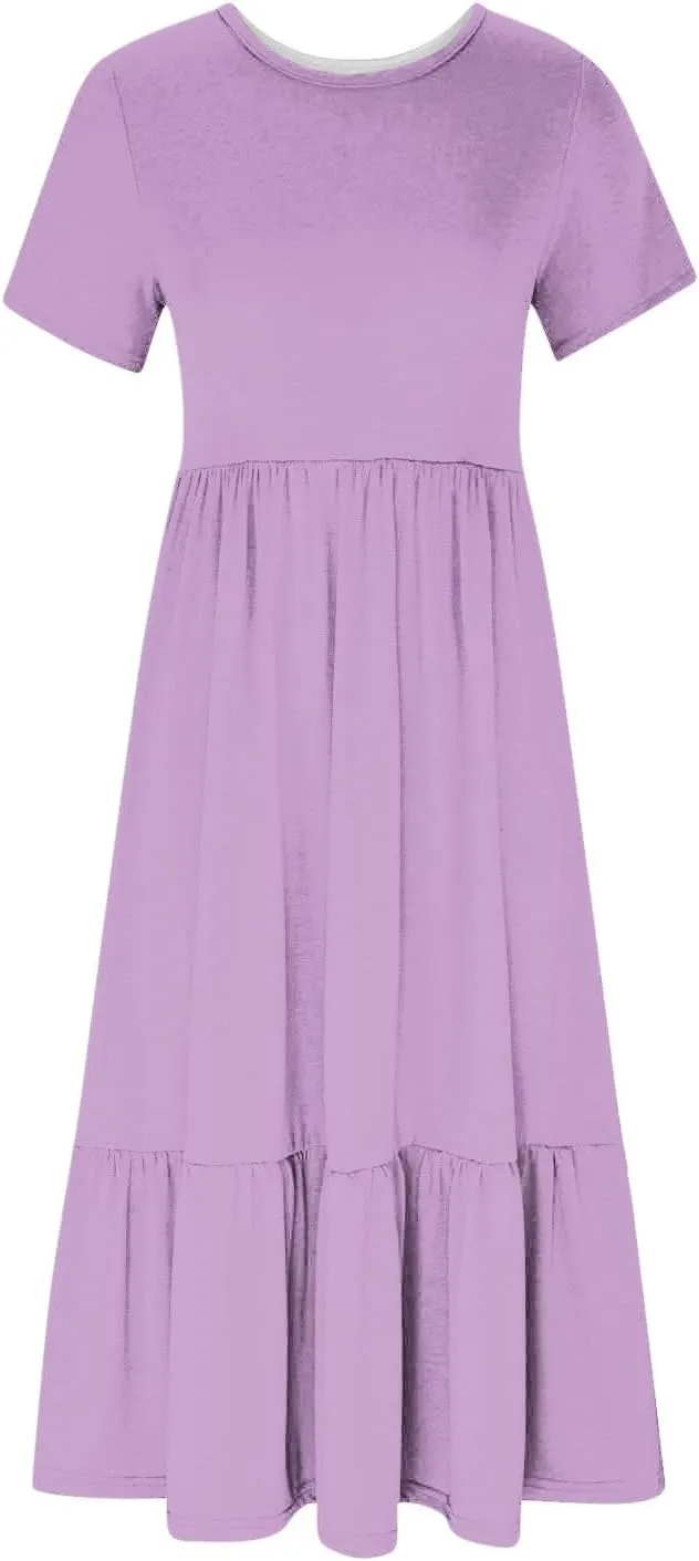 Summer Maxi Dresses for Women 2025 Crew Neck Short Sleeve Dress Casual Sun Dress Summer Beach Vacation Sundress